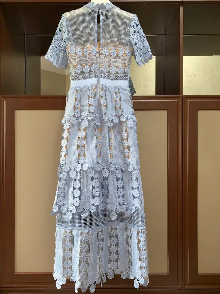 

New Style Temperament Ruffle Long Dress for Women 2021 Summer Retro Lace Hollow Out High Waist Short Sleeve Slim Maxi Dresses