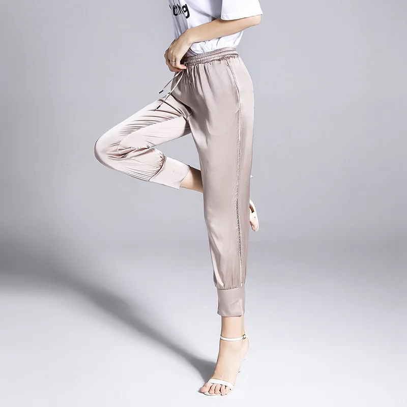 Mulberry Silk pants women's 2021 spring and summer new Capris high waist drawstring slim silk pants women summer 190310