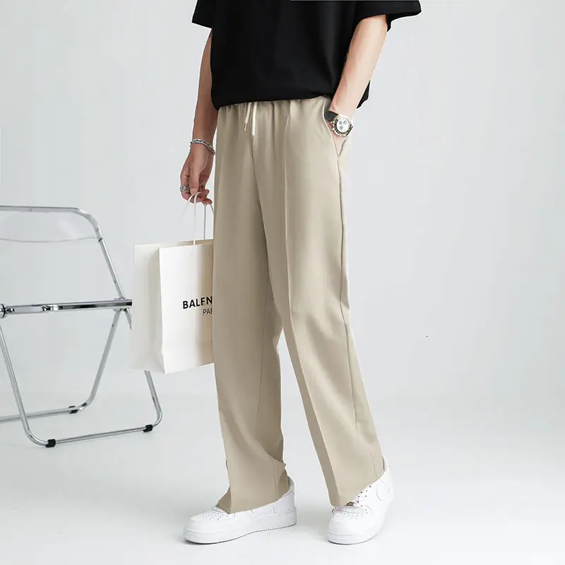 

Summer Thin Casual Pants Men's Fashion Drawstring Wide-leg Pants Men Streetwear Loose Breathable Straight Ice Silk Pants Mens