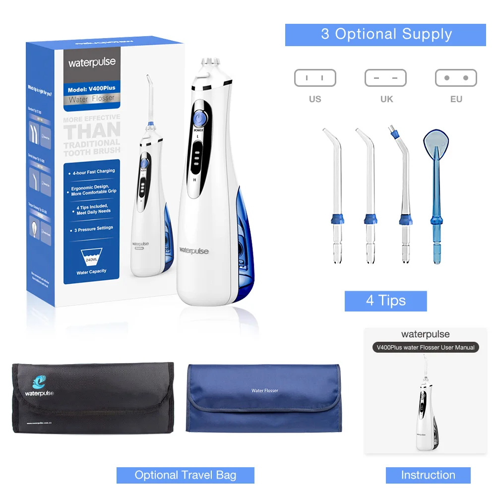 Waterpulse V400 Портативный зубная нить беспроводной Оральный ирригатор с футляр 240 мл Перезаряжаемые Батарея воды набор флоссов для зубов