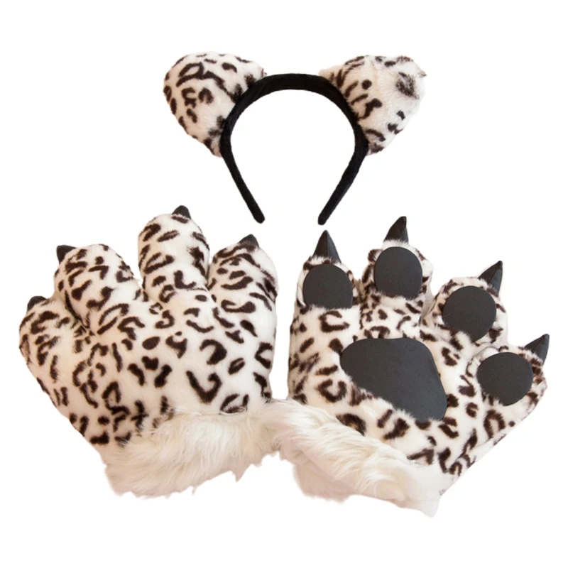 

Plush Leopard Cosplay Costume Set Cute Ears Headband 3D Animal Paw Fluffy Gloves Stuffed Toys Mittens Party Supplies