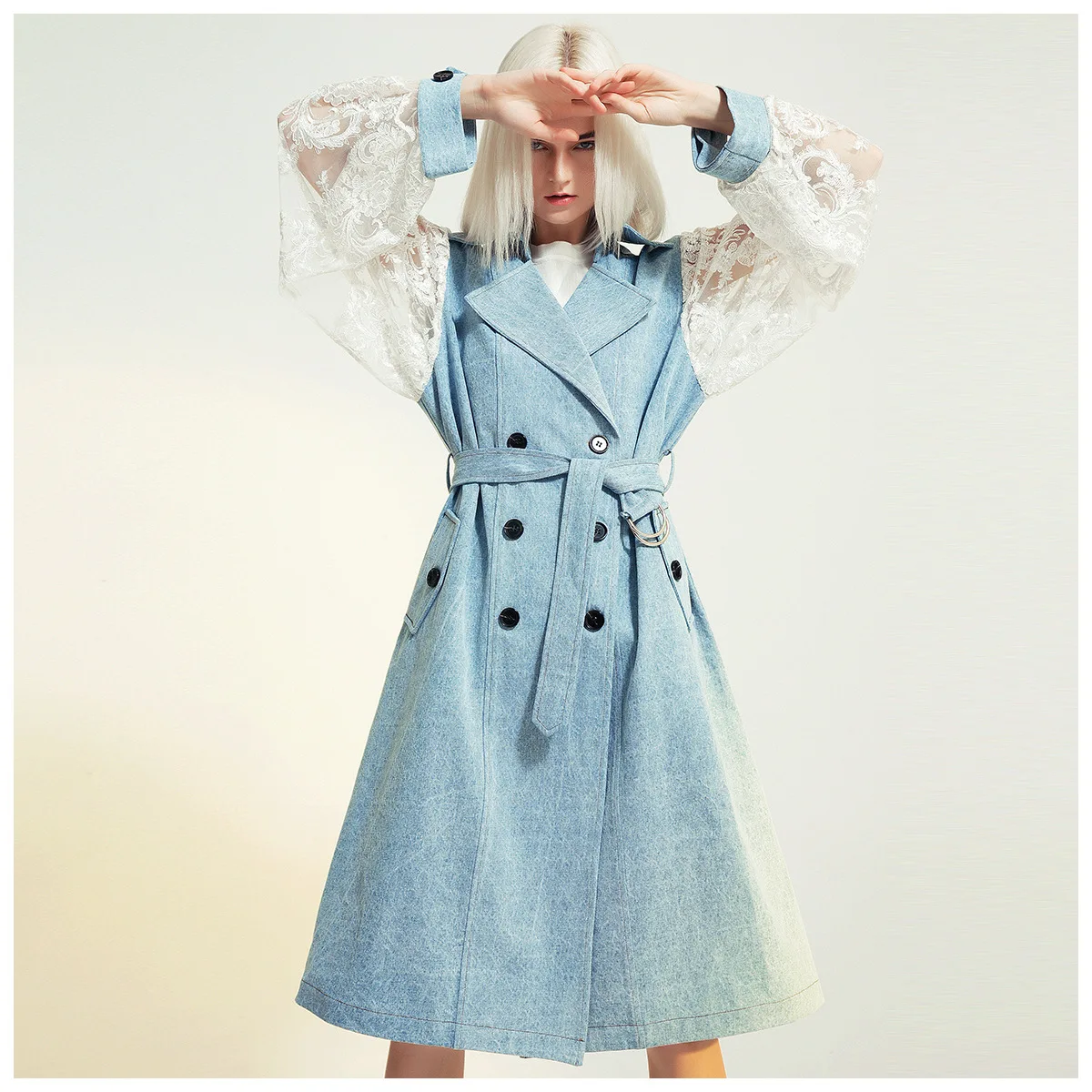 Fashion Brand Spring Autumn Women Clothes Personalized Lace Patchwork Custom Long Sleeve Casual Belt Blue Oversize Trench