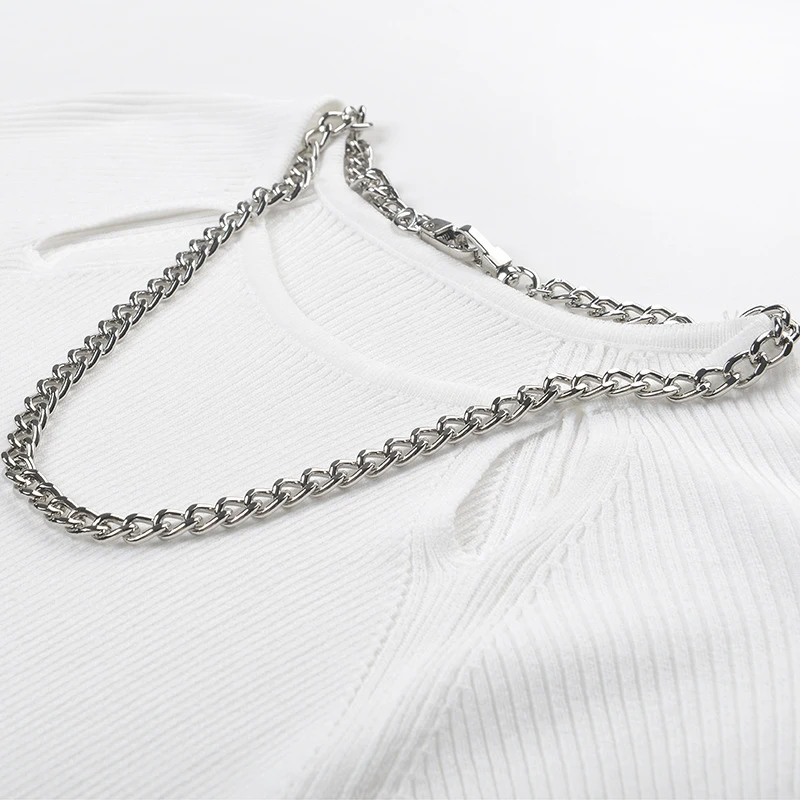 

GALCAUR Slim T Shirt For Women O Neck Short Sleeve Designer Patchwork Sequined Chain Hollow Out T Shirts Female 2021 Summer Tide