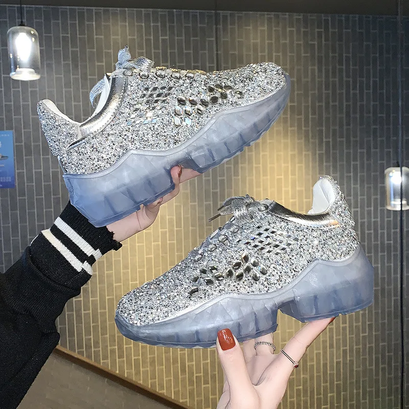 

Women Full Diamond Sequins Platform Sneakers,Casual Lace Up Thick Sole Shoes,Tennis Shoe,Running Shoes,Size 35-40