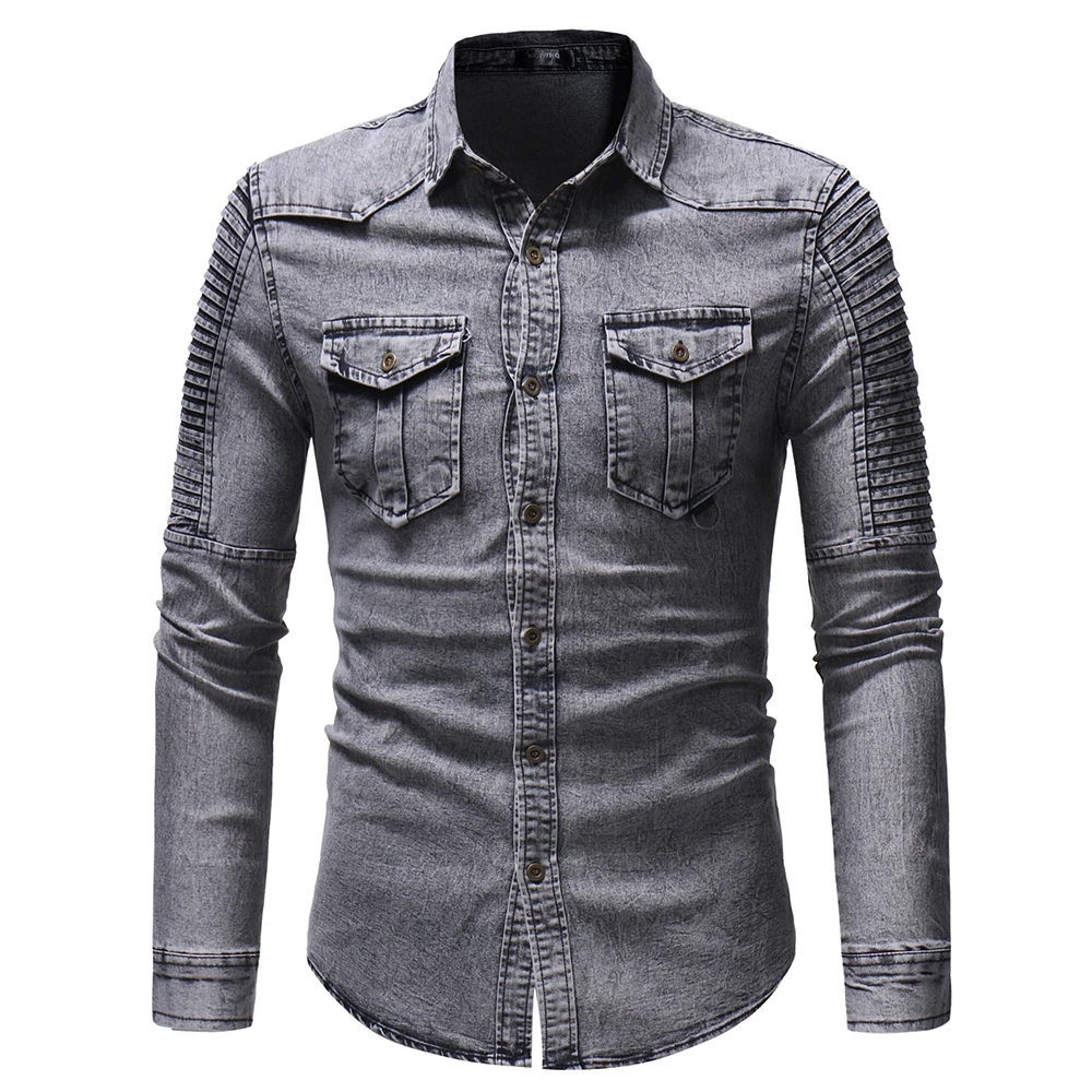 Mens Casual Cotton Shirts Regular-fit Long-Sleeve Denim Work Shirt Two Button Front Chest Pockets & Pencil Slot Rugged Wear