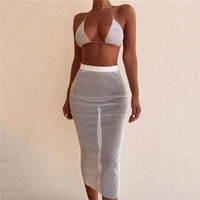 new slim solid glitter diamond women two piece set adjustable bandage halter hollow out bra see through bodycon mid calf dresses