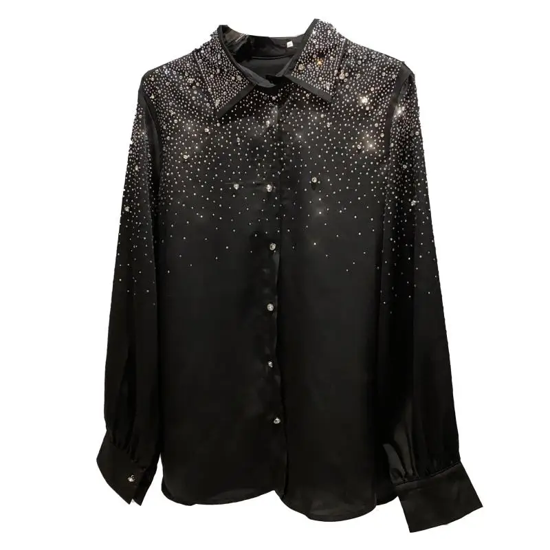 

Korean Style Womens New Short Straight Vintage Casual Shirt Single Breasted Turn-Down Collar Diamonds Design Fashion Blouse