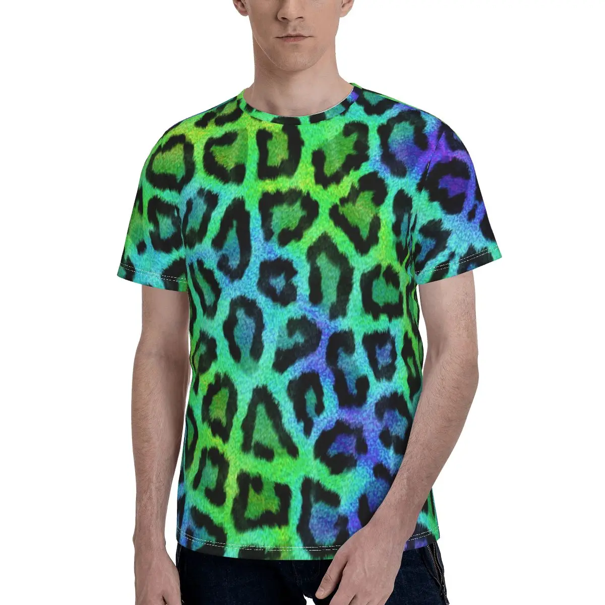 

Blue Green Leopard Animal T Shirt Print Male Fun Polyester Printed Tee Shirt Short Sleeve Basic Tshirt Big