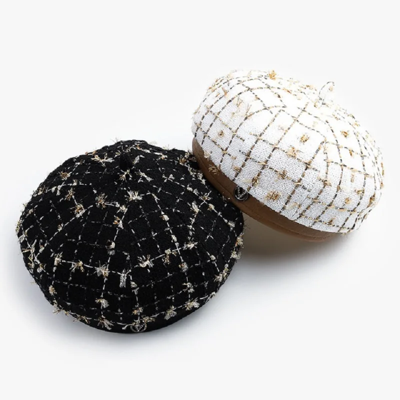 

2021 new autumn and winter women's fashion Plaid British small fragrance beret versatile octagonal hat painter's hat