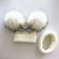 kids glitter bow knot double pompom hat for baby girls winter cap scarf children accessories bonnet