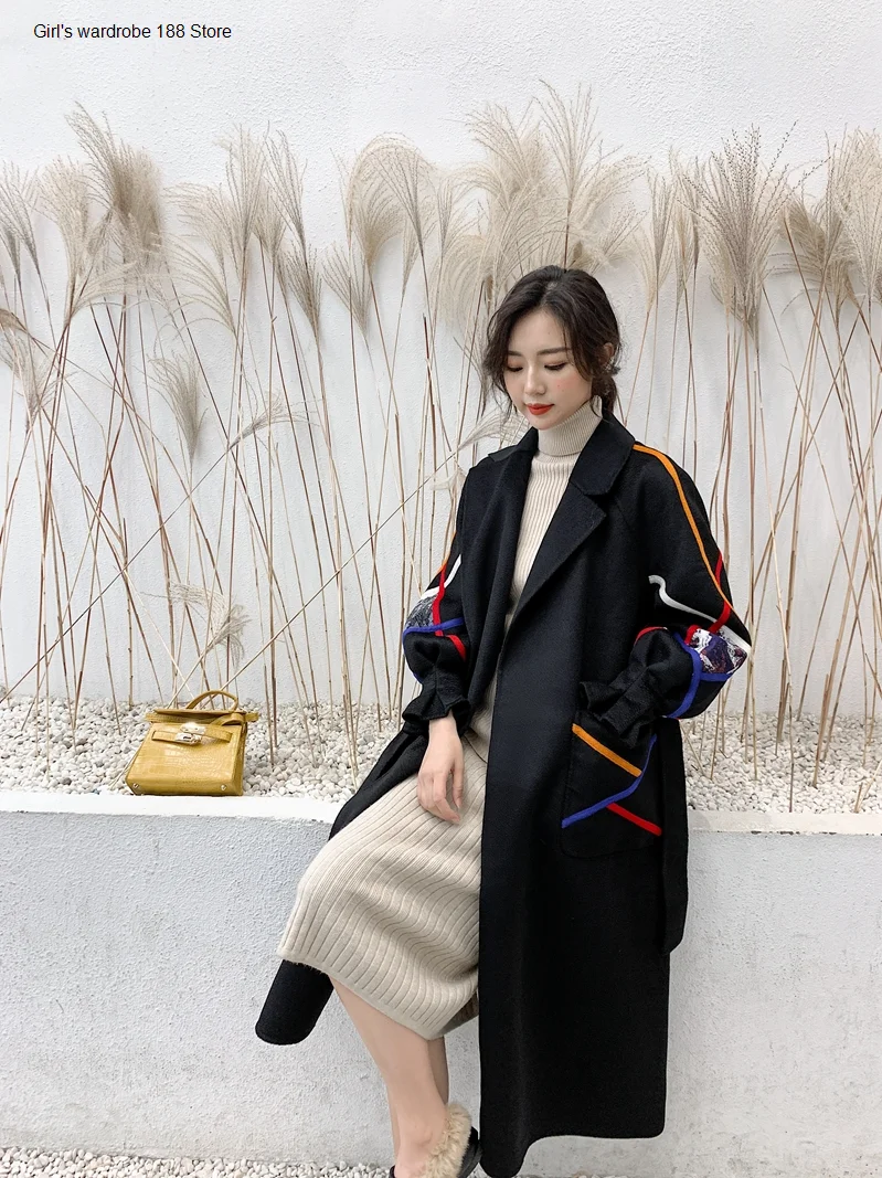

Winter new handmade color striped woolen coat women's Korean-style over-the-knee water double-sided cashmere coat