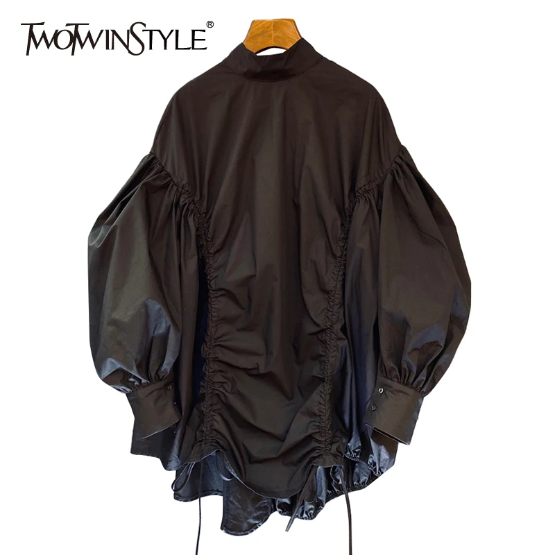 

TWOTWINSTYLE Loose Drawstring White Shirt For Women Turtleneck Lantern Long Sleeve Casual Irregular Hem Casual Blouse Female New