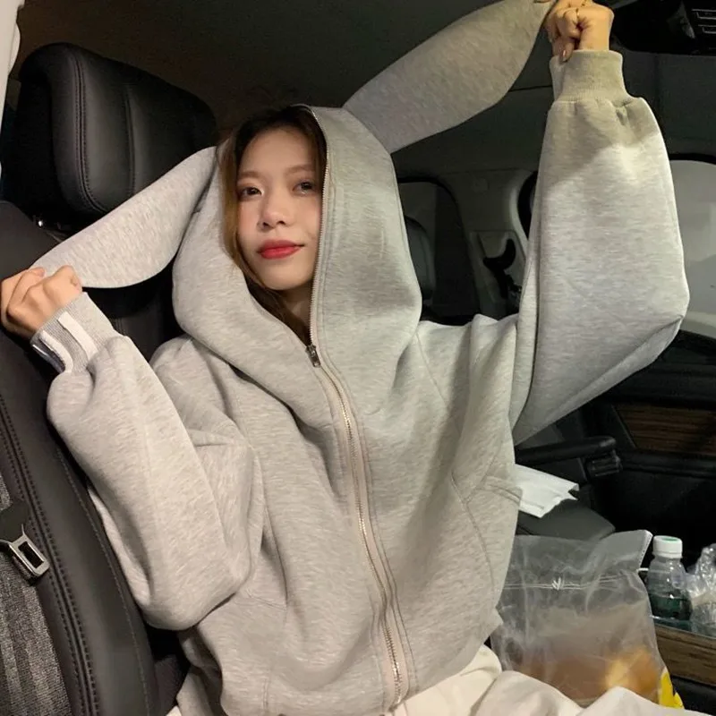 

2021 New Rabbit Ears Sweater Women's Fashion Ins Korean Style Loose Student Hooded Short Coat