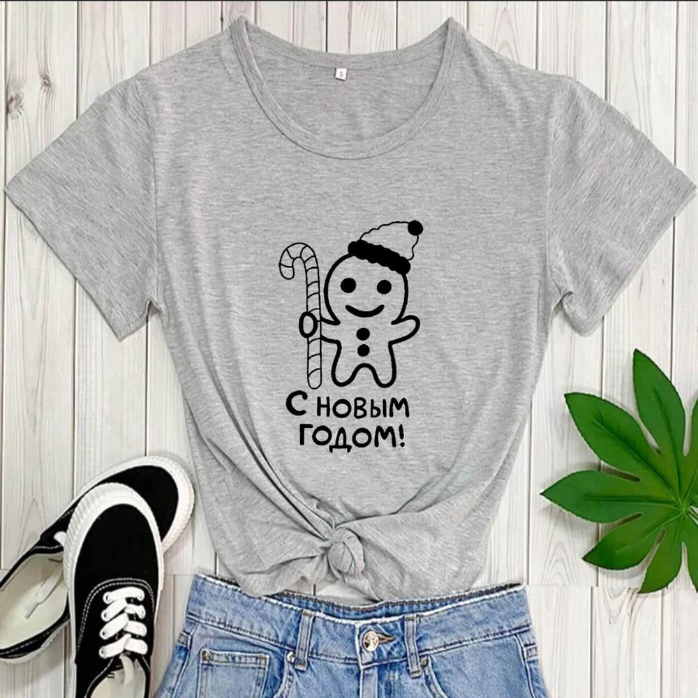 

Happy New Year Russian Letter Printed Women's T Shirt Christmas O-Neck Short Sleeve Tops New Year T-shirt TX5637