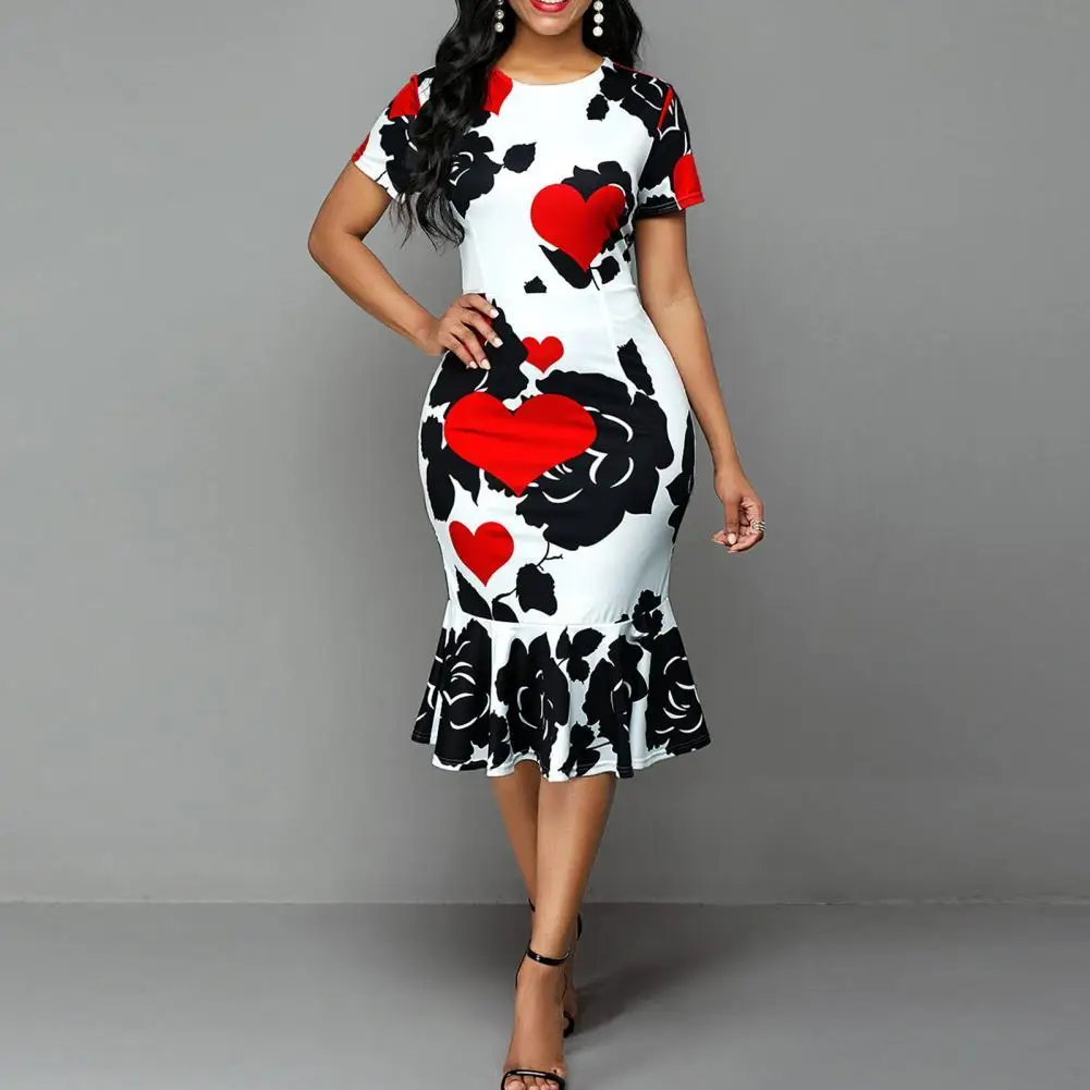 

Elegant Sexy Formal Bodycon Dress Printed Ruffles Women O Neck Short Sleeve Dress Evening Party Dress Women Summer Dresses 5XL