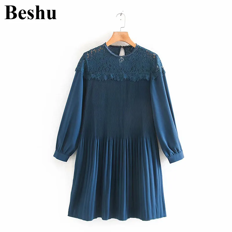 Za 2019 женское платье однотонное темно синее с высокой талией круглым вырезом