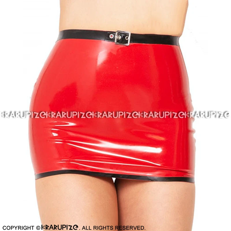 

Red And Black Mini Sexy Latex Skirts With Buckles At Front Rubber Bottoms DQ-0056