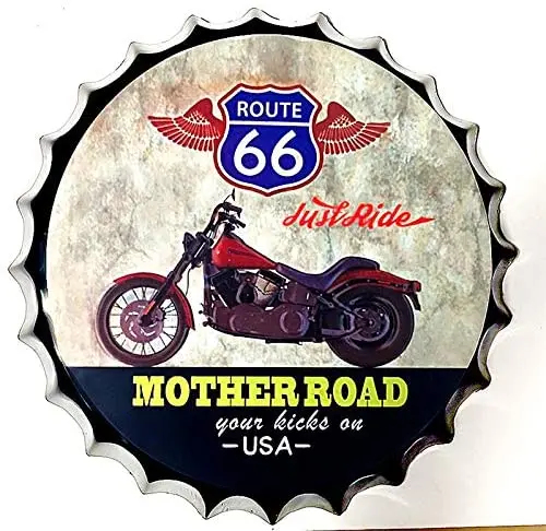 

Tin Sign Bottle Cap Metal Tin Sign Motorcycles Route 66 Road , Round Metal Signs for Home and Kitchen Bar Cafe Gas Station