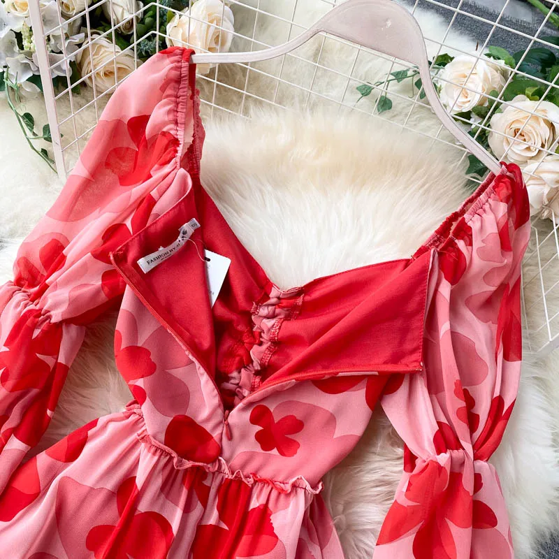 

Sweet Dress Women Autumn Fashion Printed Long Flare Sleeve Dresses High Waist Hollow Out Woman Dress 2021