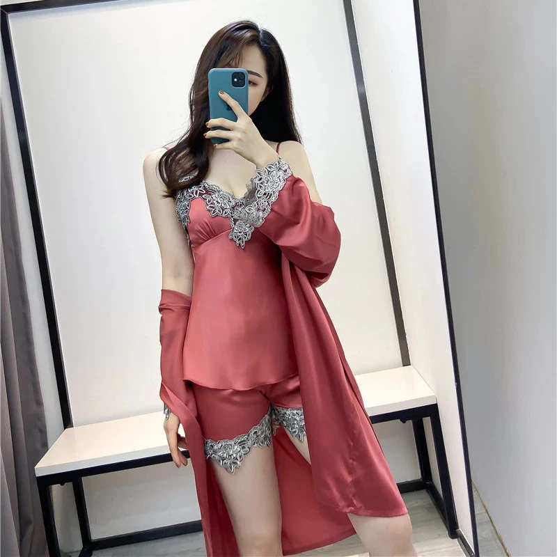 Pajama Sets Silks Satins Sleepwear Sexy Nightwear Pure color lace Pijama Mujer Pajamas For Women sleepwear Lounge Wear Pyjamas | Женская