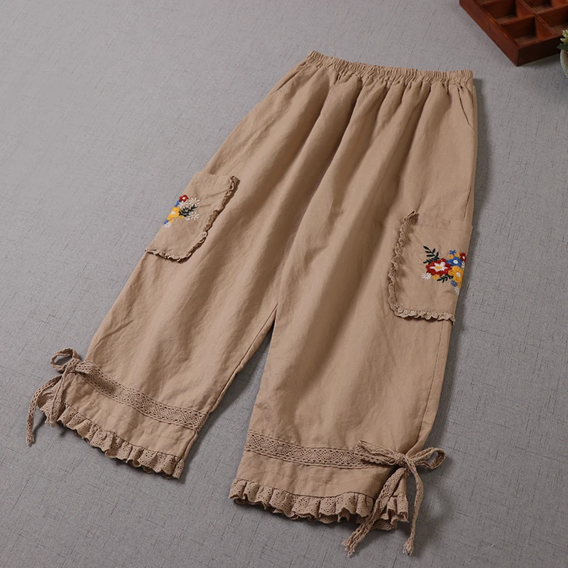 

Japan Style Mori Girl Pocket Embroidered Casual Pants Loose Cotton and linen Elastic Waist Cropped wide-leg Pants