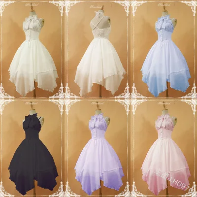 

Sweet Girl Pink Lolita Dress Cute High Waist Halter Neck Vile Dress Kawaii Women Gradient Colorful Vintage Loli Party Cos 5XL