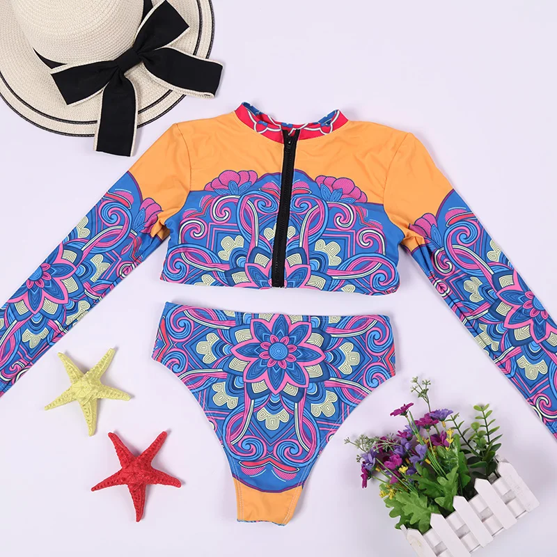 

2021 New Design Zipper Cultural Surfing Suit Long Sleeve Flower Printing Swimsuit