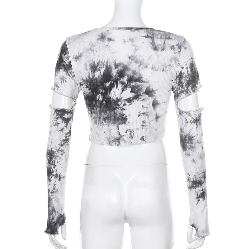 

WEPBEL T-shirt Summer Long Sleeve Hollow Out V-neck Irregular T-shirt Women's Sexy Tie-Dye Printed Lace-up Slim Short T-shirt
