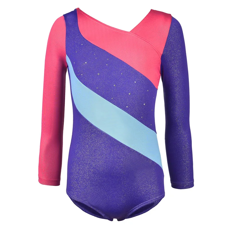 

Kid Rhythmic Ballet Long Sleeve Gymnastics Leotards for Girls Shiny Metallic Rhinestone V-Neck Purple Spandex Gym Leotard