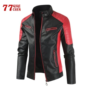 Мужская кожаная куртка, мотоциклетная, осенне-зимняя, флисовая, теплая, из искусственной кожи, Байкерская, винтажная, 2021, повседневная, в стиле пэчворк, зауженные кожаные куртки