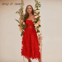 red lace tea length prom gown floral applique wedding party dresses strapless split homecoming dress robe de soir%c3%a9e femme