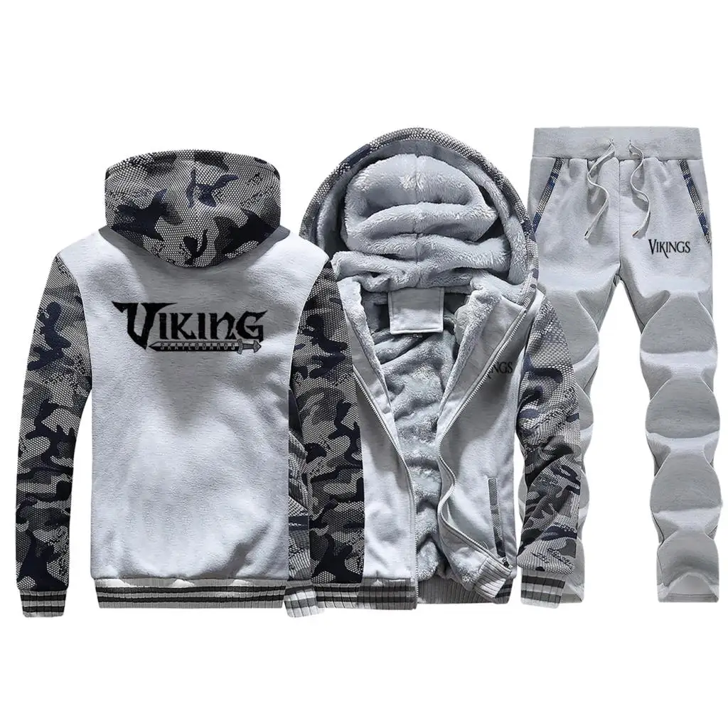 Light Gray 1 Спортивный костюм VIKINGS, теплая зимняя флисовая толстовка с капюшоном, Мужская камуфляжная куртка, Мужская куртка на молнии+ штаны, 2 шт. в комплекте, спортивный костюм, верхняя одежда - Цвет: Light Gray 1
