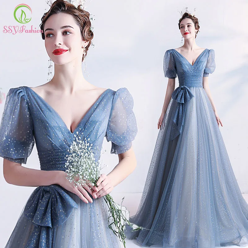 

Женское вечернее платье SSYFashion, элегантное серое и синее платье-трапеция с V-образным вырезом и пышными рукавами, бальное платье для банкета ...