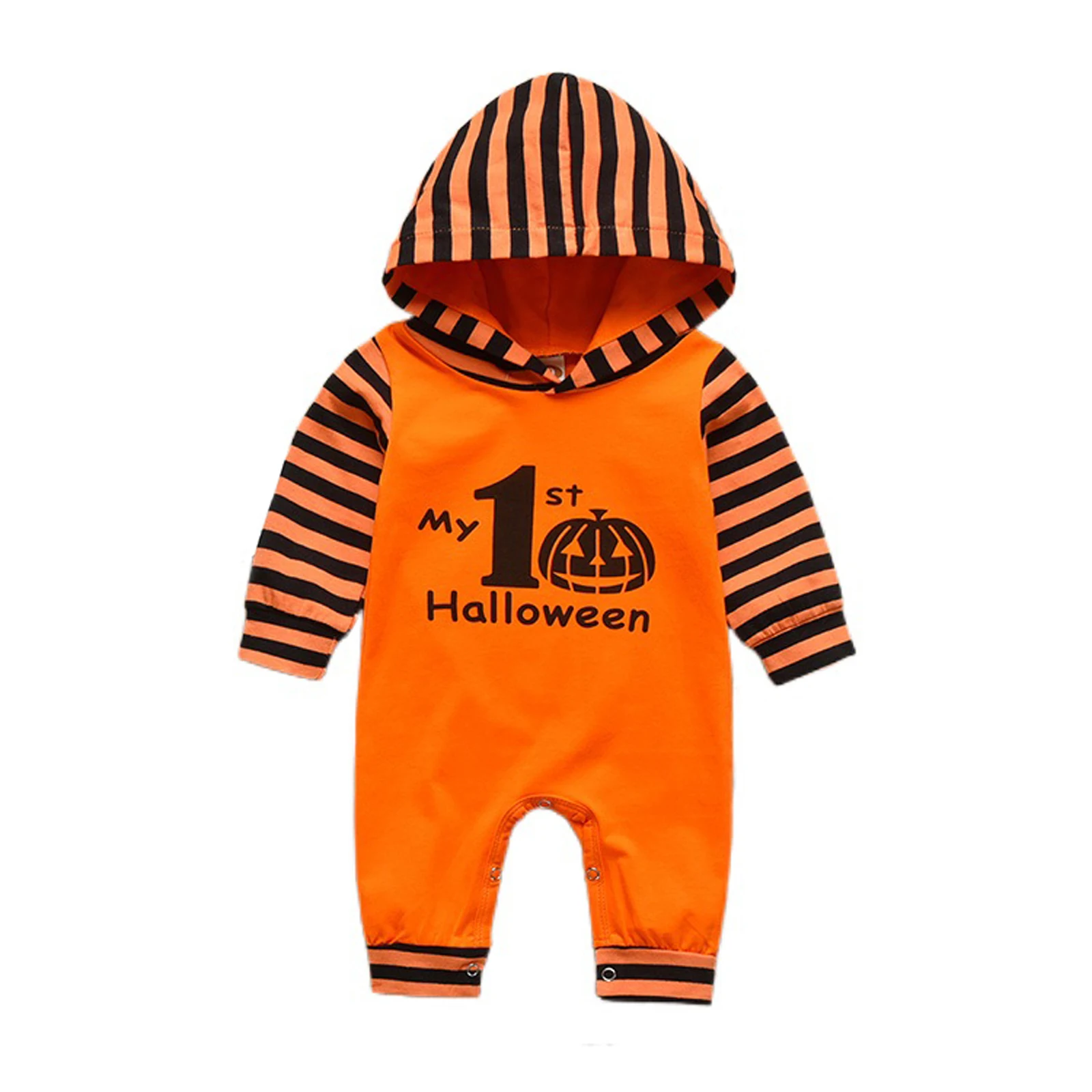 

Unisex Baby Girls Boys Halloween Striped Romper, Letter Pumpkin Print Long Sleeve Hooded Jumpsuit