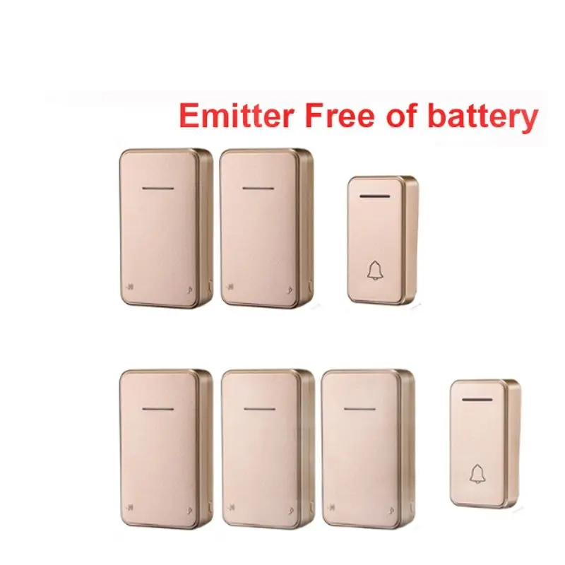 IP44 Door Ring Gold Color Emitter Free of Battery Bell Kits 2 Push + 5 Receiver Option Wireless Doorbell By 110-220V 200Meter