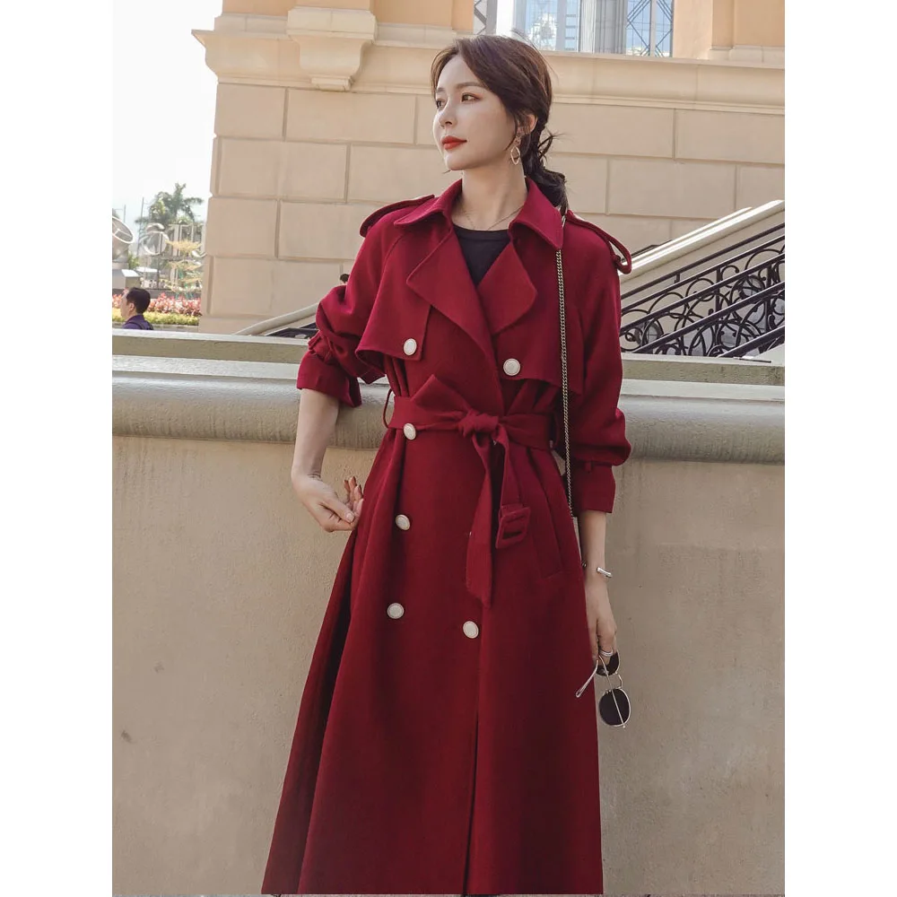 Женский двубортный Тренч с поясом длинное пальто в британском стиле отложным