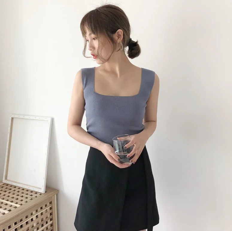 

Knitted sling ice silk vest female summer wear black and white outer bottoming shirt square neck slim top trend