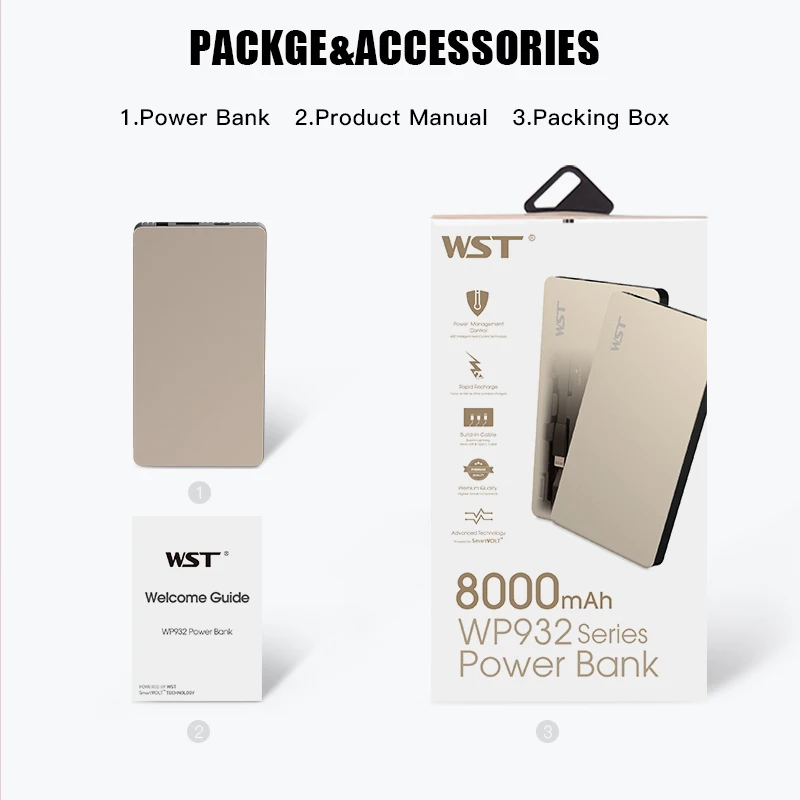 

WST Original Brand Built In Cable Caricatore Portatile Ultra Thin Power Bank Gold Silver Business Style Portable Battery Pack