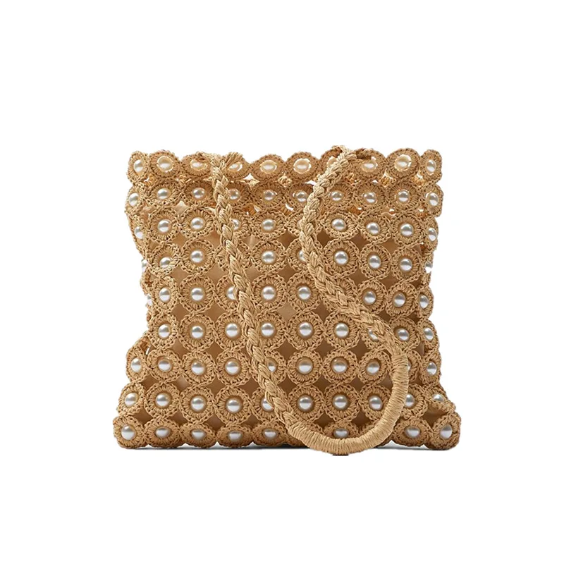 

Fashion Pearls Straw Women Shoulder Bags Design Wicker Woven Handbags Casual Summer Beach Rattan Bag Bohemia Lady Handbags