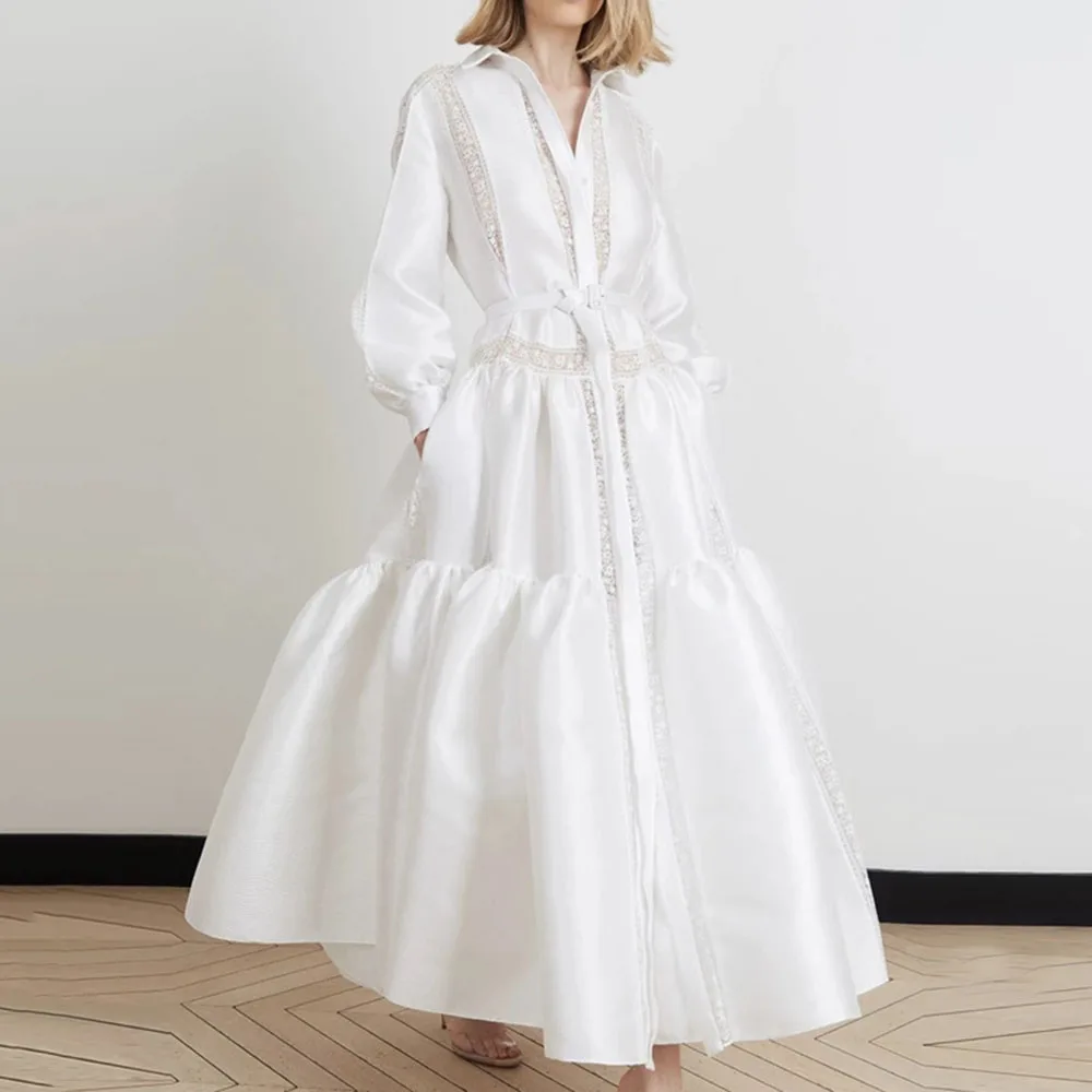 Женское длинное кружевное платье элегантное белое офисное платье-рубашка в