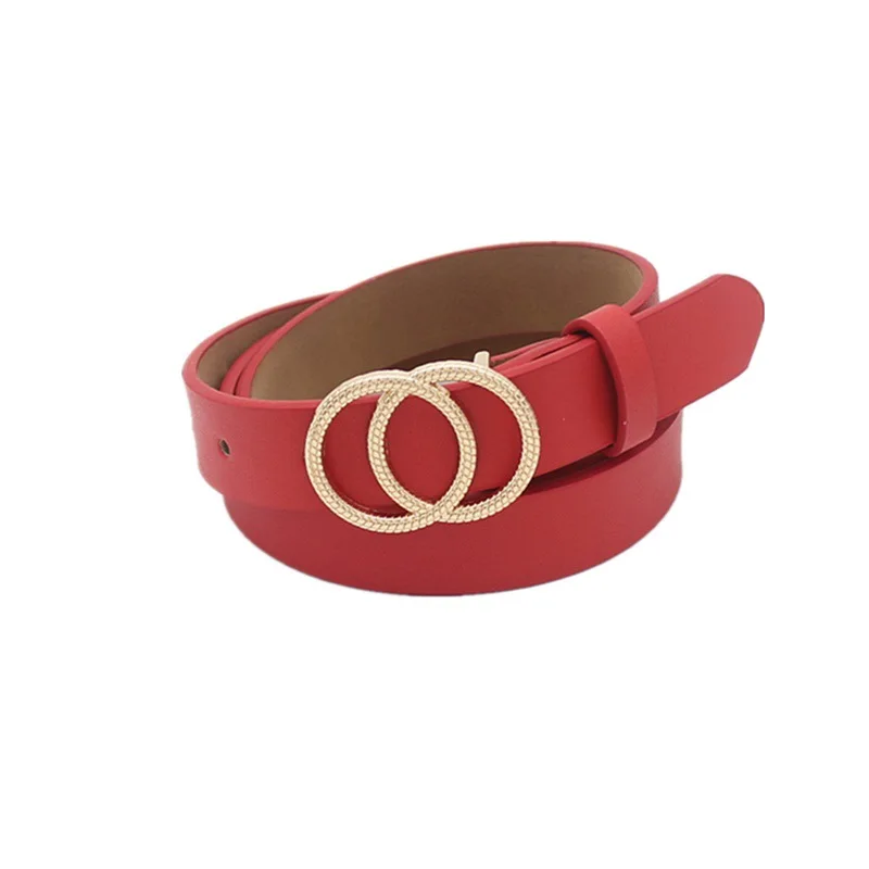 

New Pattern Casual Eyelets PU Leather Belt For Women Female Gold Round Pin Buckle Wide Jean Waist Belt Double Loop Buckle
