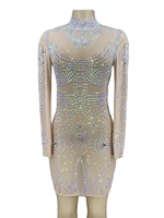 long sleeve sheath dress crystal rhinestone choker halter mesh dress for party singer stage club wear women prom evening dress
