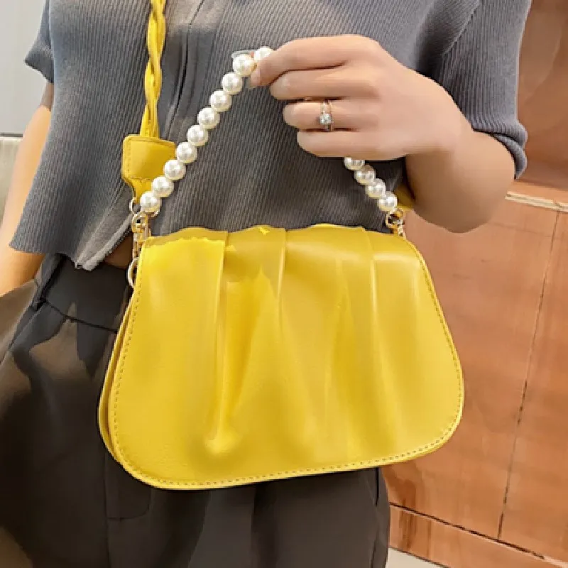 

Women Clamshell Crossbody Bags PU Leather Fashion Designer Pleated Simple Shoulder Bag Female Pearl Chain Handbags Sac 2021 New