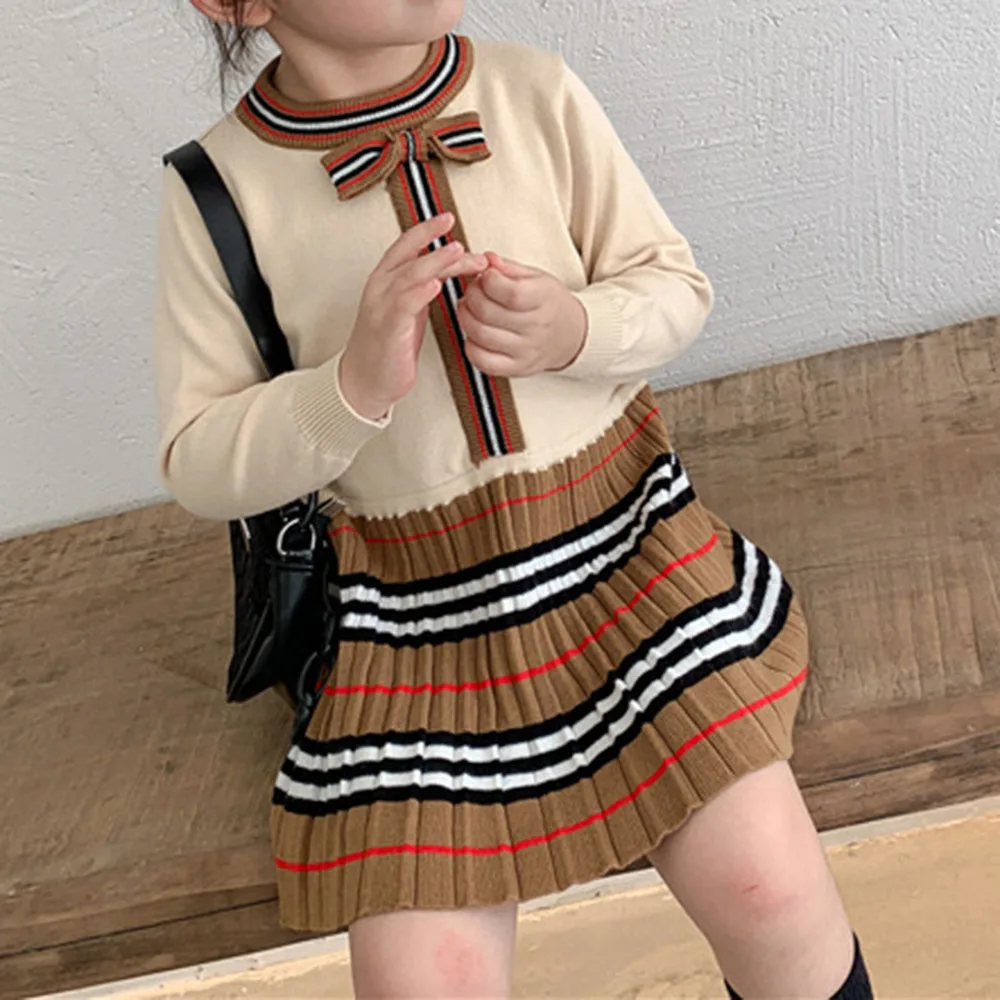 

2021 Autumn New Girls Dresses Korean Style Plaid Print Pleated Knitted Dress 1-8 Years Girls Kids Round Neck Bow Clothing