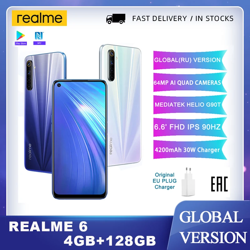 Realme 6 глобальная версия 4 Гб 128 мобильный телефон 90 Гц Дисплей Helio G90T смартфон 30 Вт