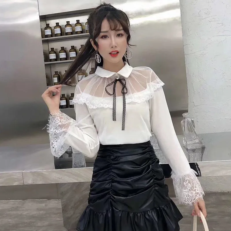 Весенне-осенняя Женская Вельветовая блузка с длинным рукавом и бантом кружевная