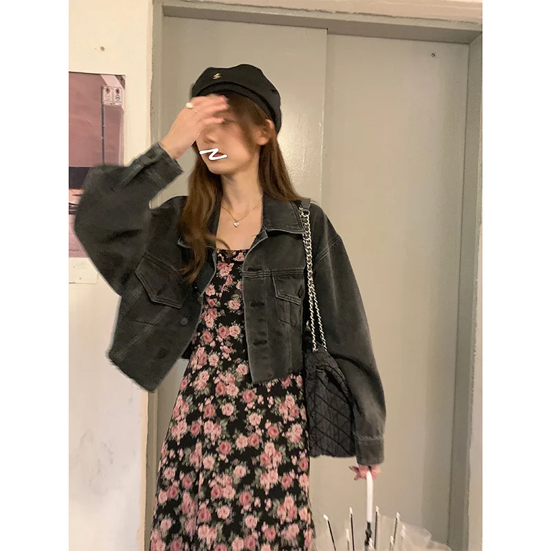 Джинсовая куртка пальто корейская Свободная с карманами и отворотами короткая