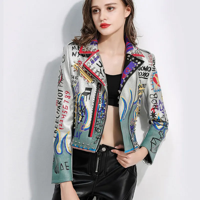 For Women ,floral And Eagle Embroidered Faux Leather Moto Pu Jacket And Coat With Rivets