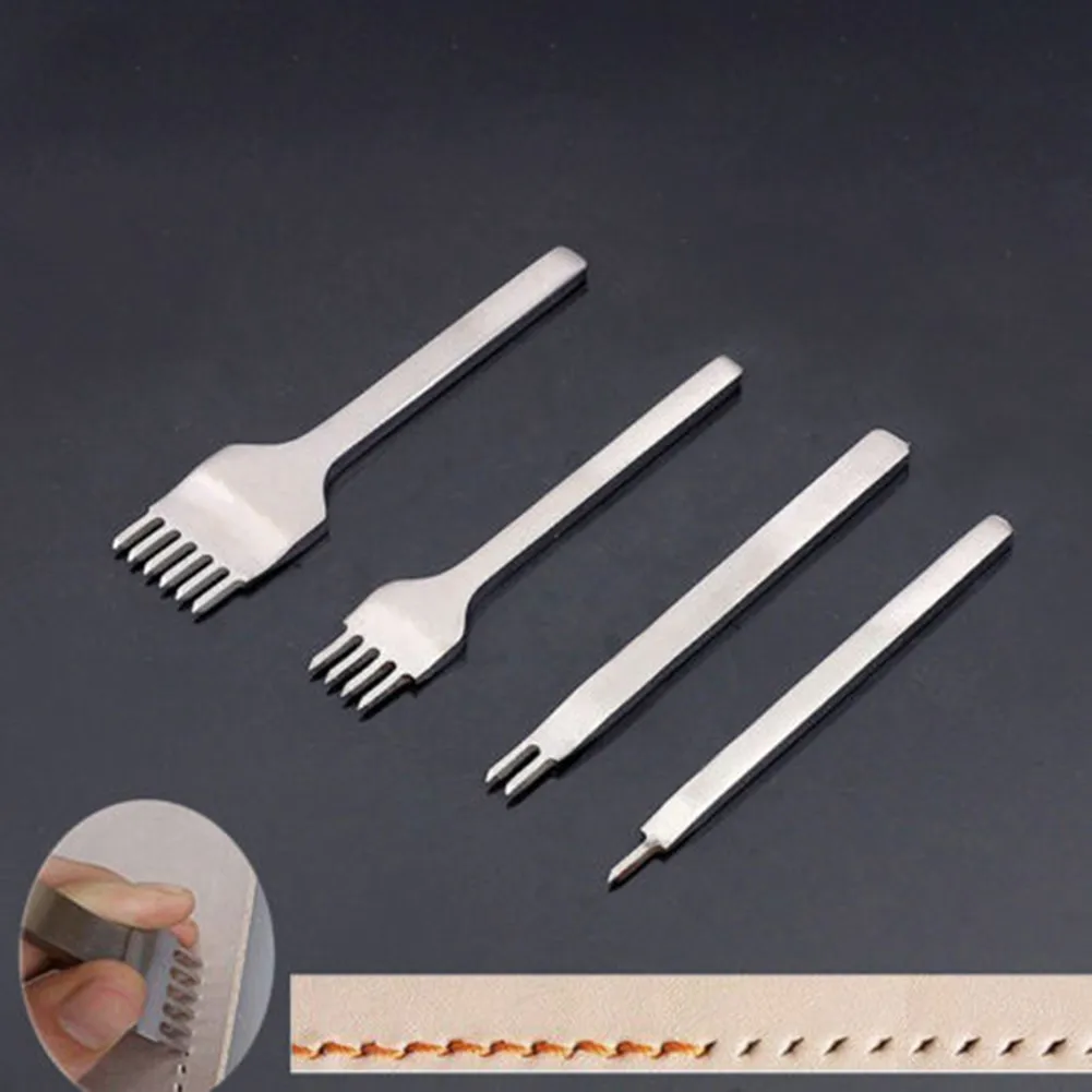 

Tool Leather Punch Hole 4pcs Carbon Steel Chisel Kit Pre Stitching Prong