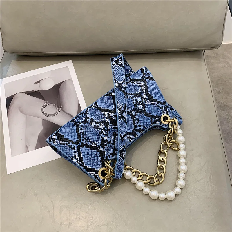 

Luxury Design Ladies Shoulder Bag Fashion Beaded Chain Women Baguette Handbags Vintage Leather Snake Pattern Female Armpit Bags